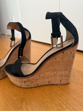 Gianvito Rossi Black Suede Cork Wedge Sandals